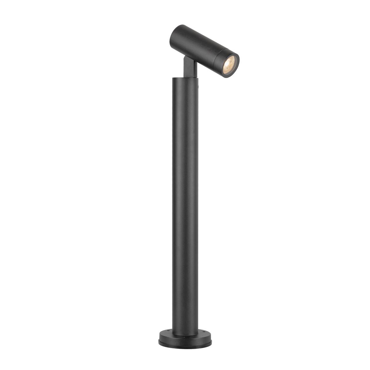 Lampadaire extérieur noir de trois quarts, tête spot orientable et long fût cylindrique.