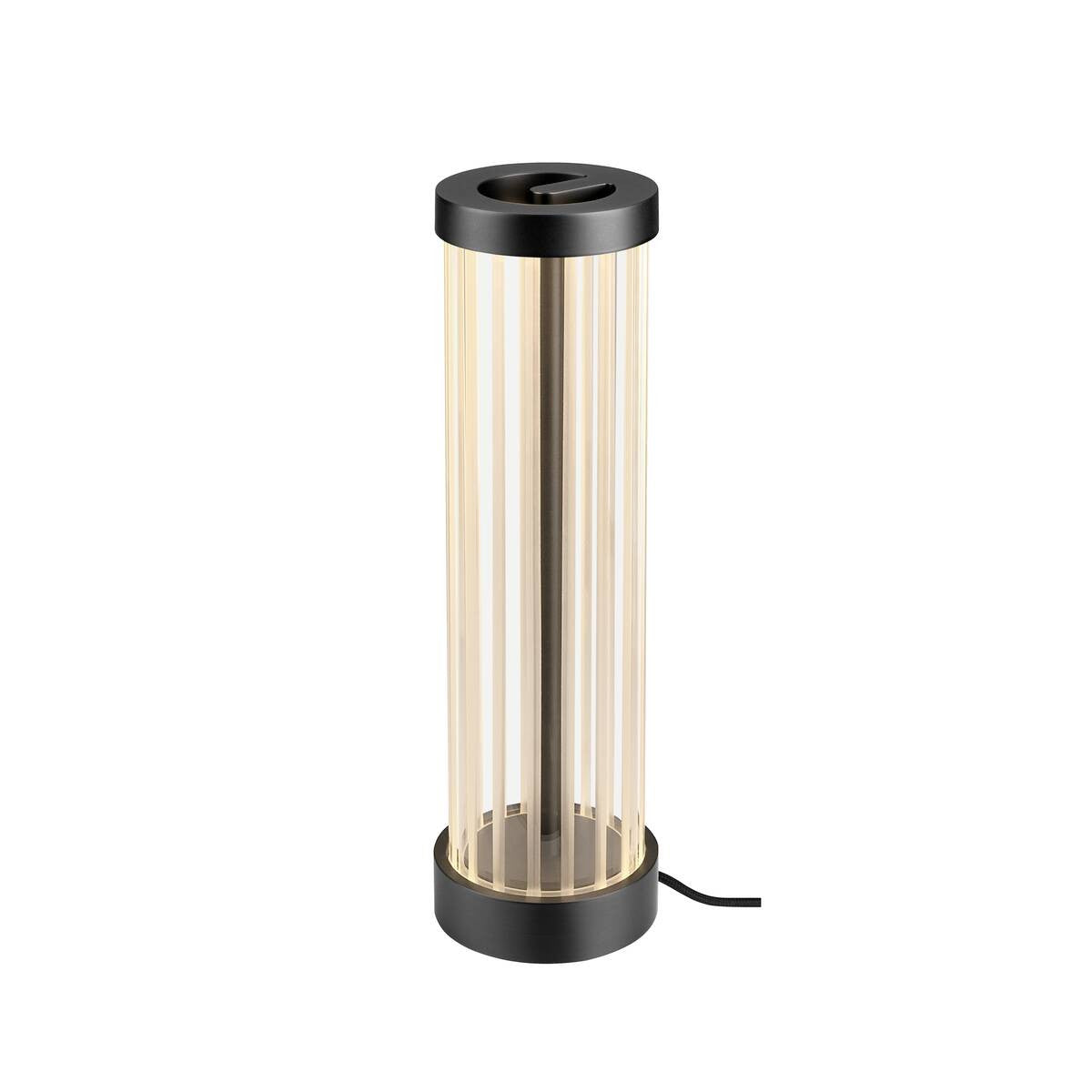 Lampe à poser cylindrique en verre strié, vue de face sur fond blanc.