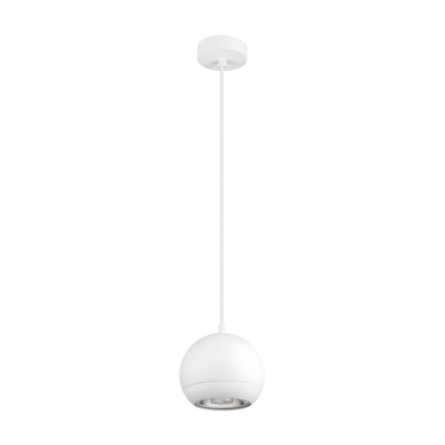Vue de face du luminaire suspendu blanc avec sa sphère et son câble.