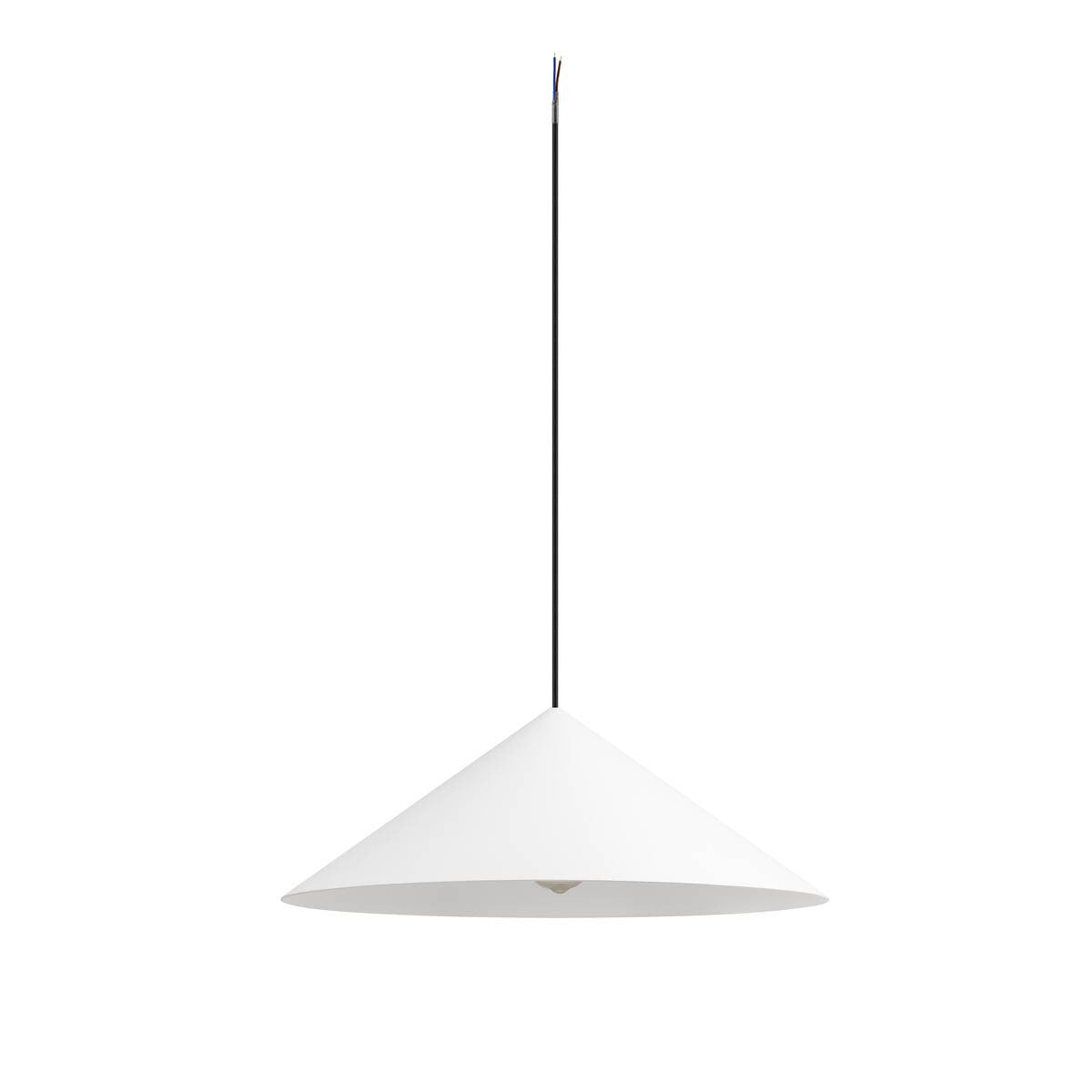 Suspension blanche en forme de cône fin, câble noir vertical, fond blanc.