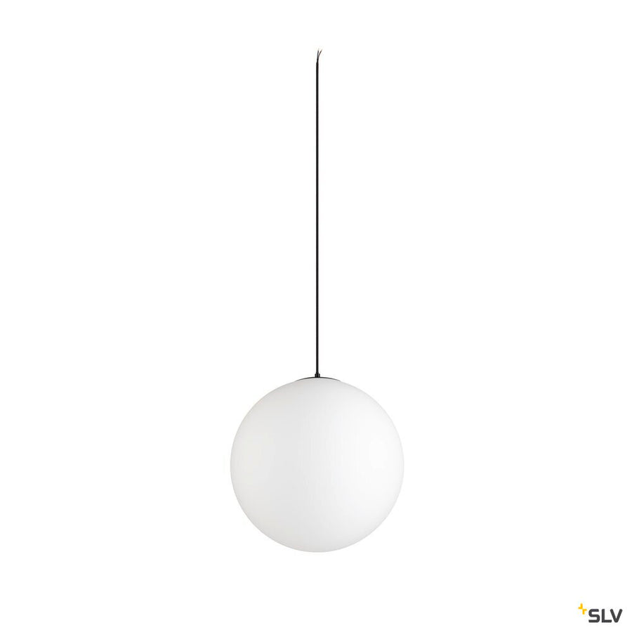 Globe blanc éteint suspendu à un câble noir, vue de face.