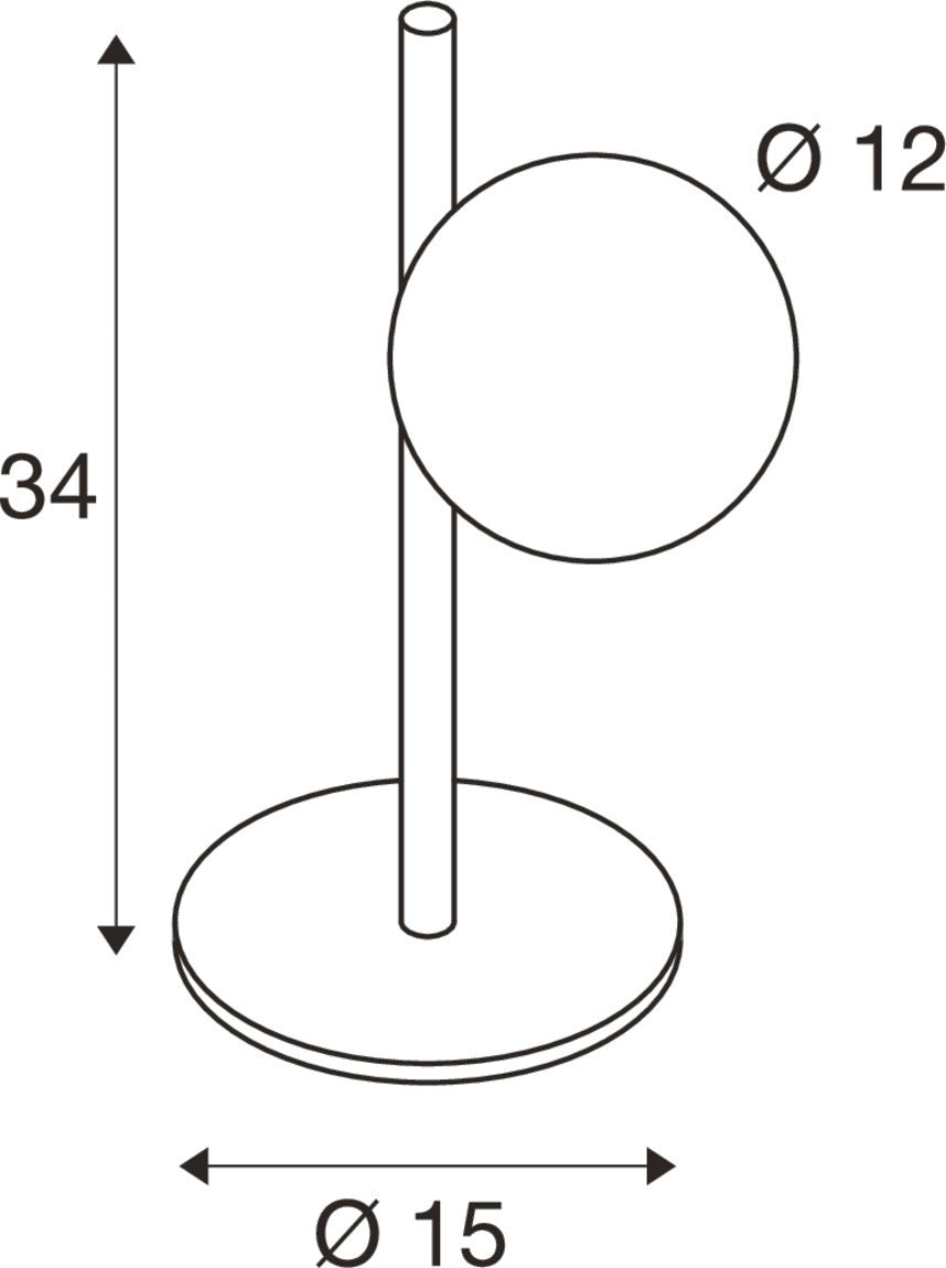 Schéma de dimensions avec hauteur 34 cm, base Ø15 et globe Ø12.