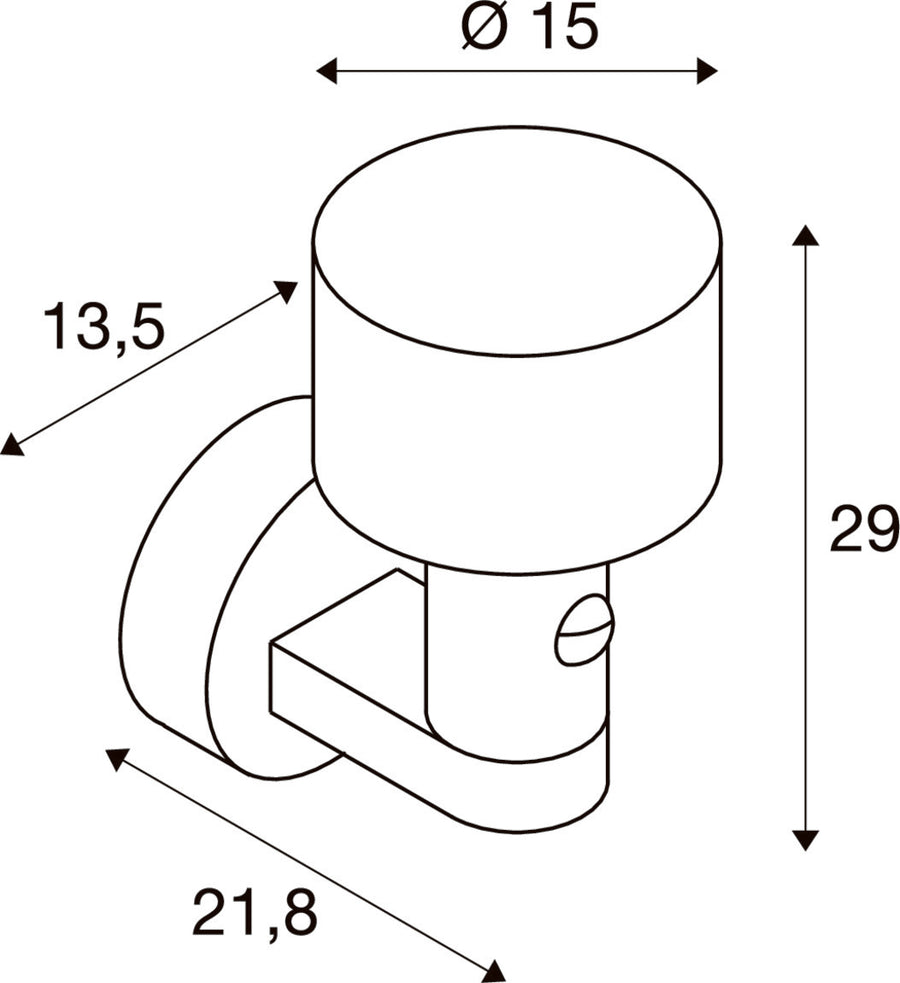 Schéma coté de l’applique : diamètre 15 cm, hauteur 29 cm et profondeur 21,8 cm.