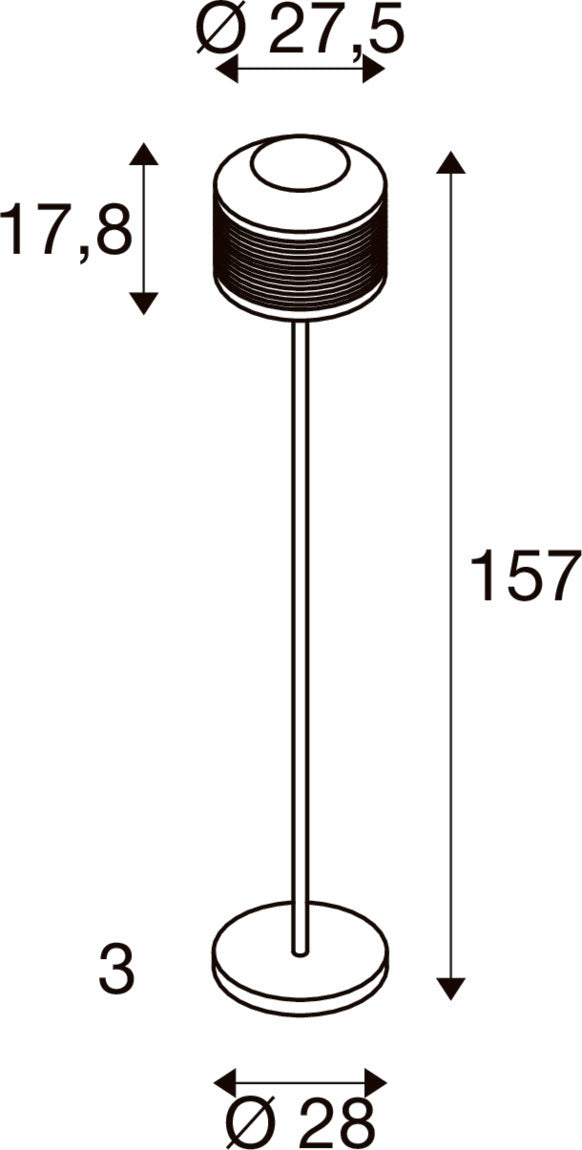 Schéma de dimensions du lampadaire doré, hauteur et diamètres indiqués.