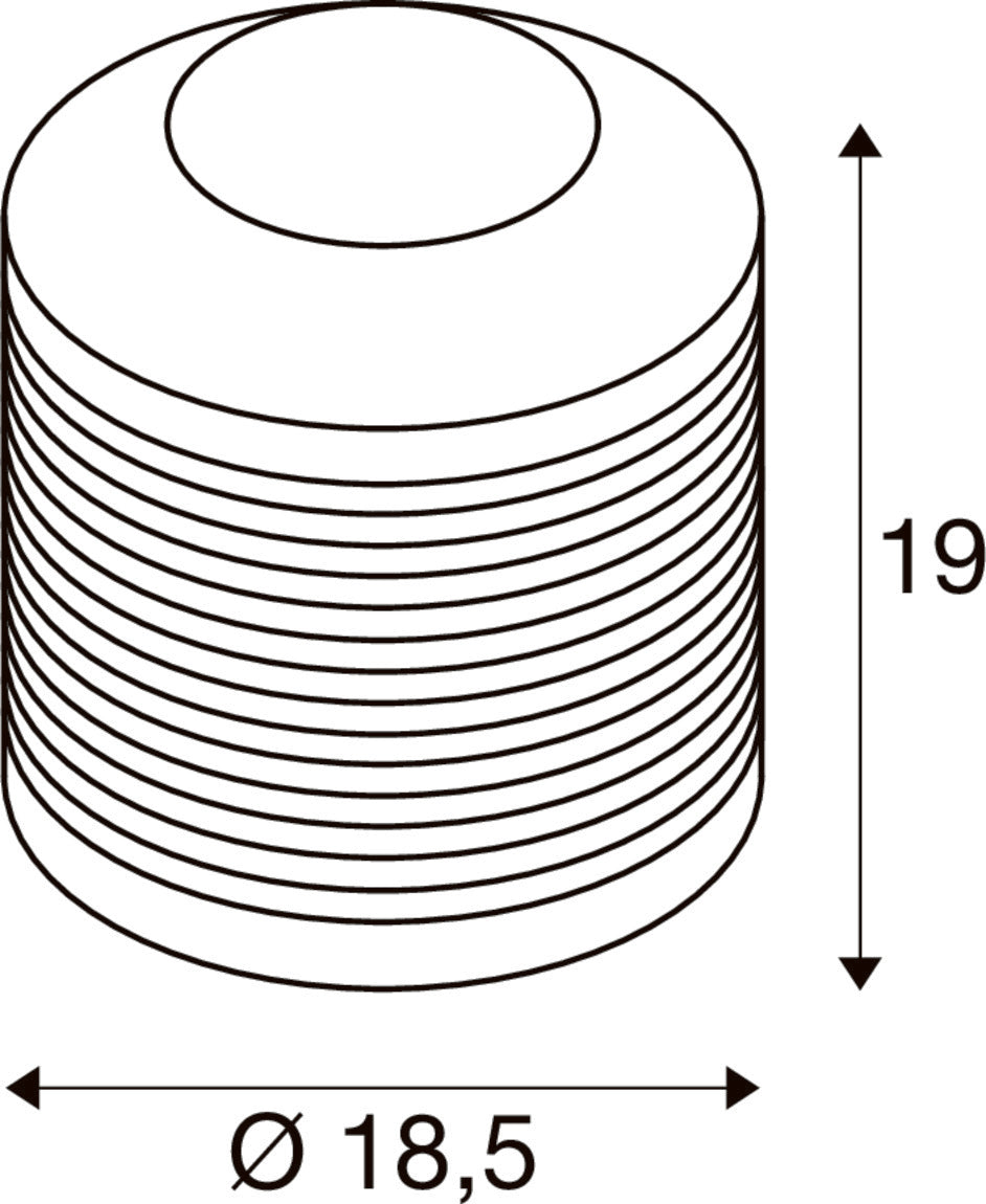Schéma de dimensions du luminaire cylindrique, hauteur 19 cm et diamètre 18,5 cm