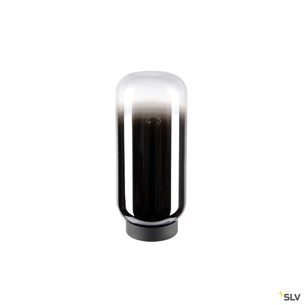 Lampe éteinte de face, abat-jour cylindrique dégradé fumé et base noire compacte.