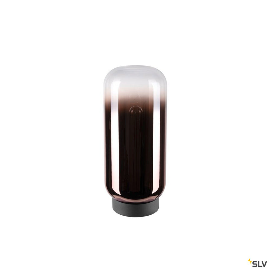 Lampe éteinte de face, abat-jour en verre fumé transparent laissant voir l'ampoule