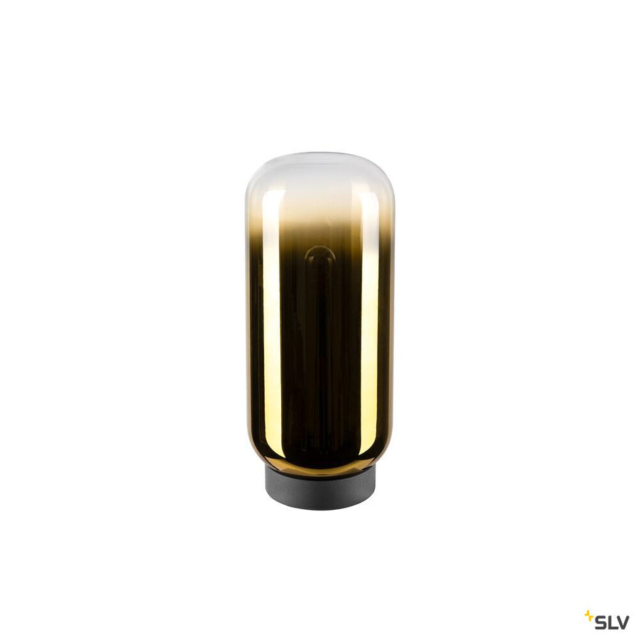 Abat-jour cylindrique en verre dégradé ambré, éteint, posé sur socle noir mat.