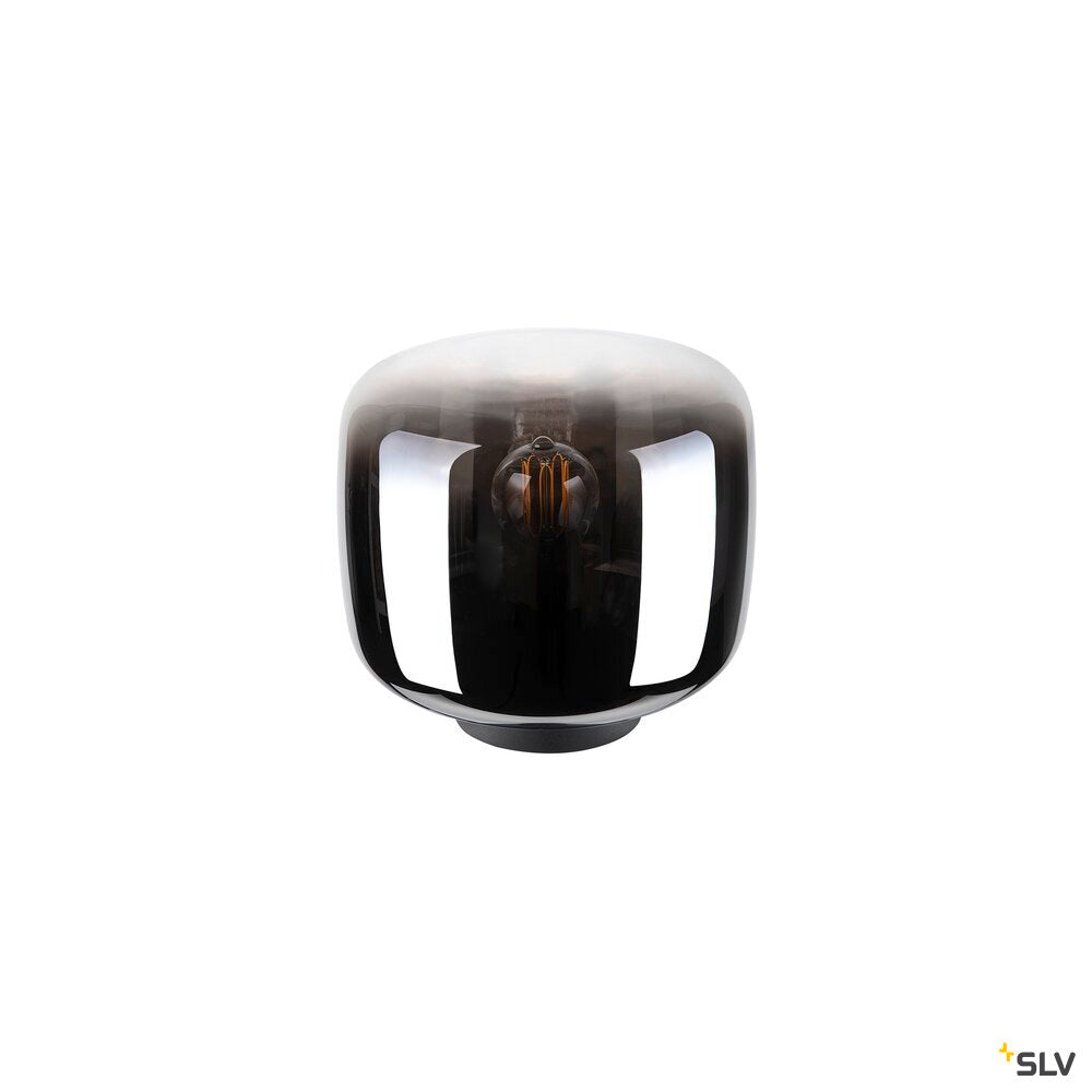 Lampe allumée de face, reflets métalliques sur le verre chromé