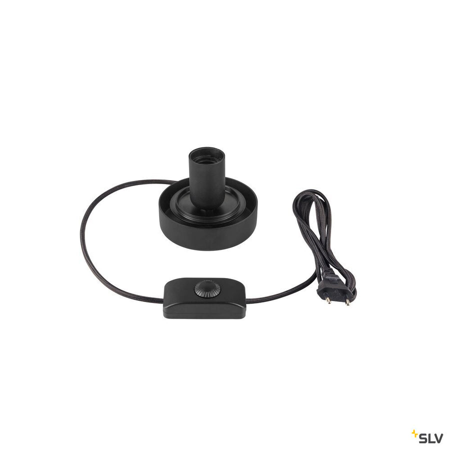 Base noire avec douille, variateur et cordon d’alimentation sur fond blanc.