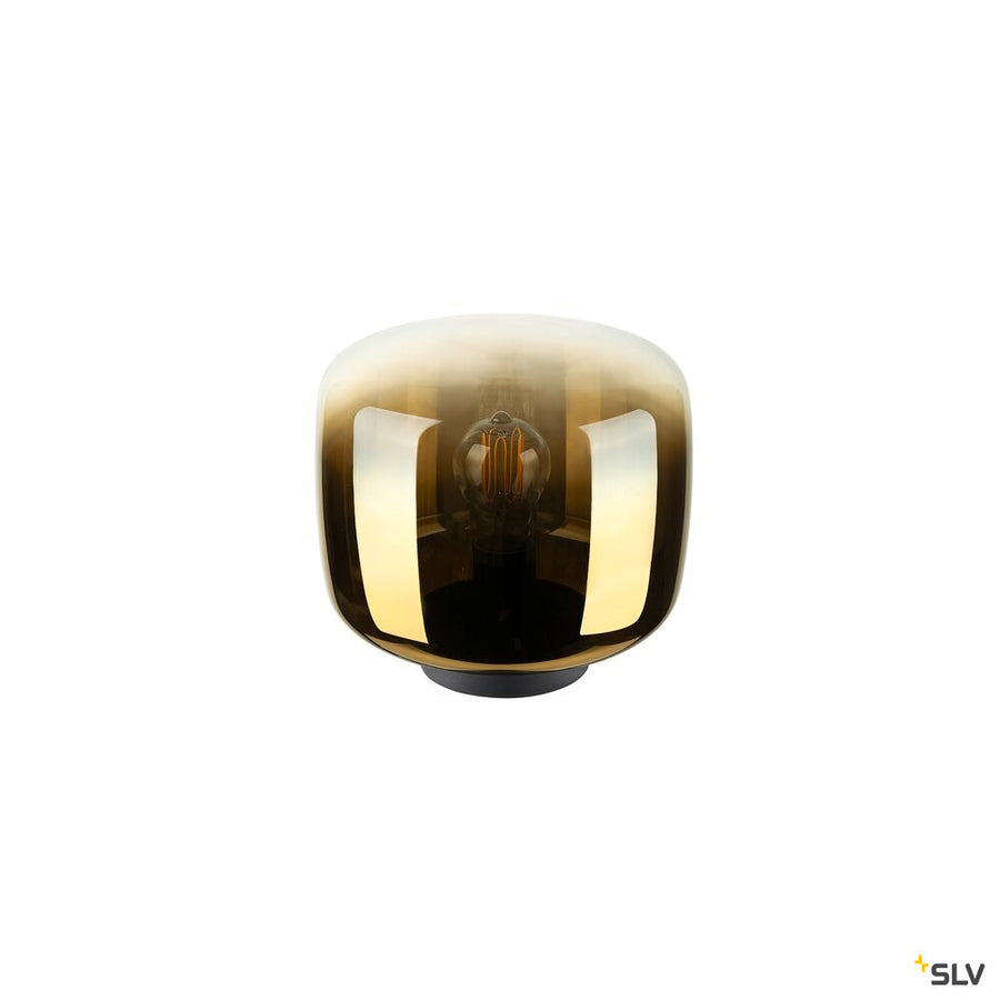 Vue de face du luminaire doré allumé, ampoule à filament centrée dans le verre.
