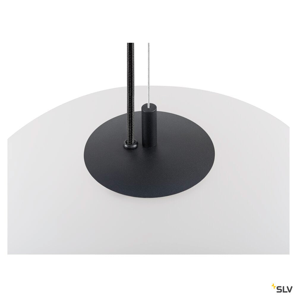 Détail de la fixation centrale au diffuseur avec câble tressé noir.