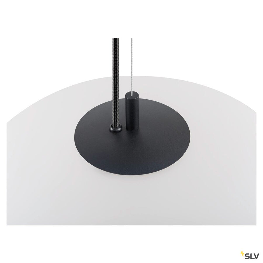 Détail de la fixation centrale au diffuseur avec câble tressé noir.