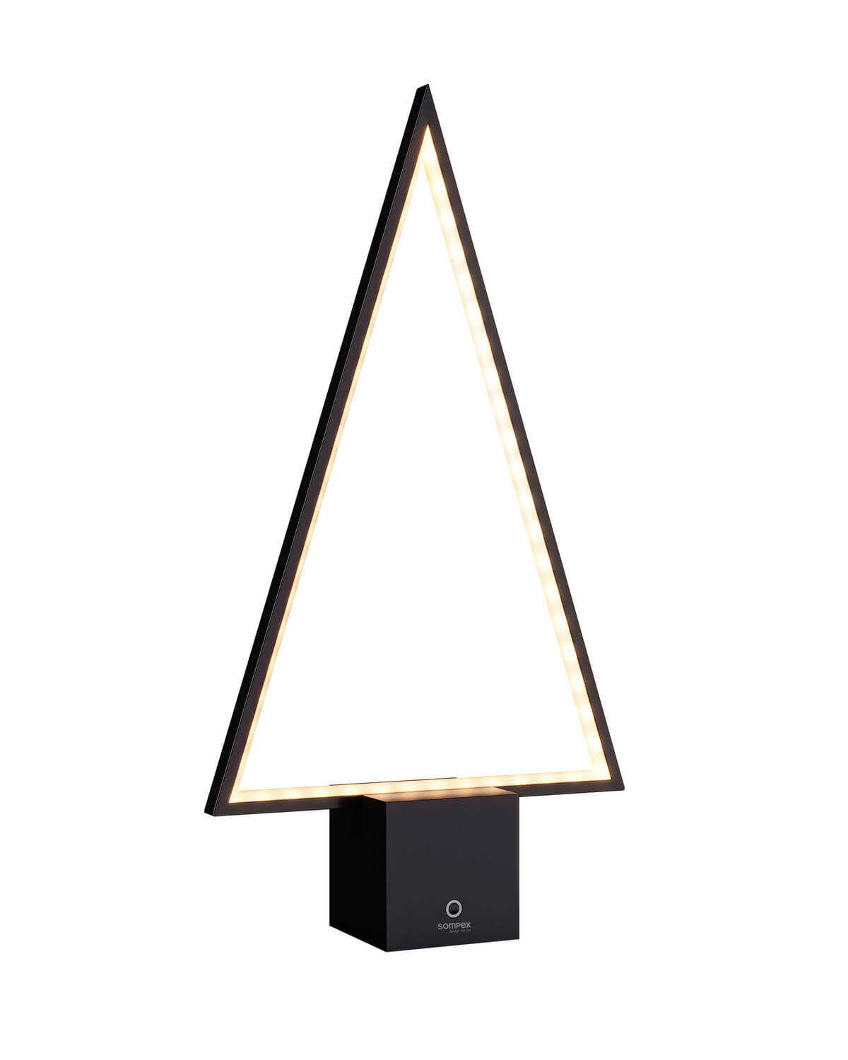Luminaire triangulaire noir de face, ruban LED allumé, posé sur une base cubique sombre.