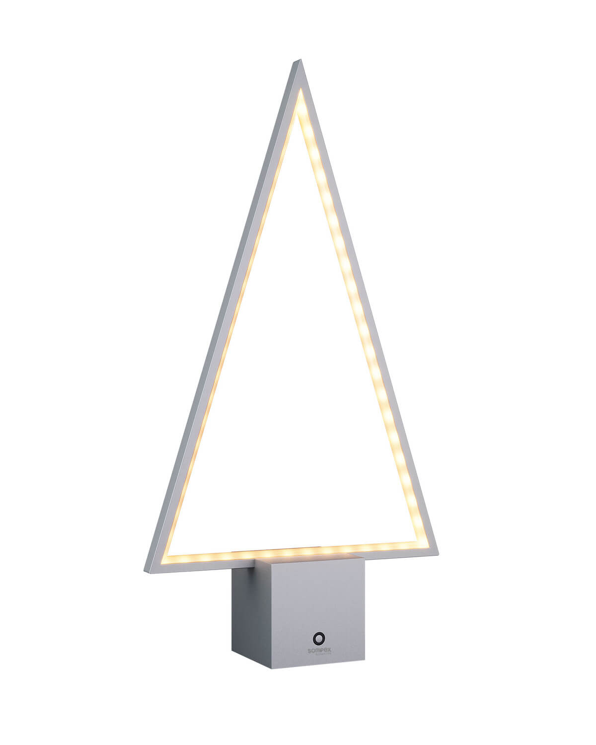 Lampe triangulaire argentée de face, LED allumée sur fond blanc.