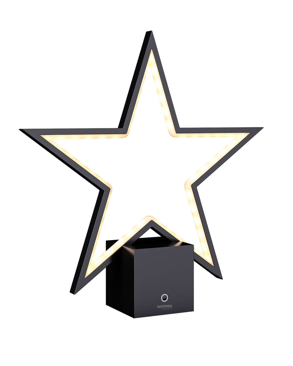Lampe étoile noire lumineuse de face sur fond blanc, base cube avec bouton.