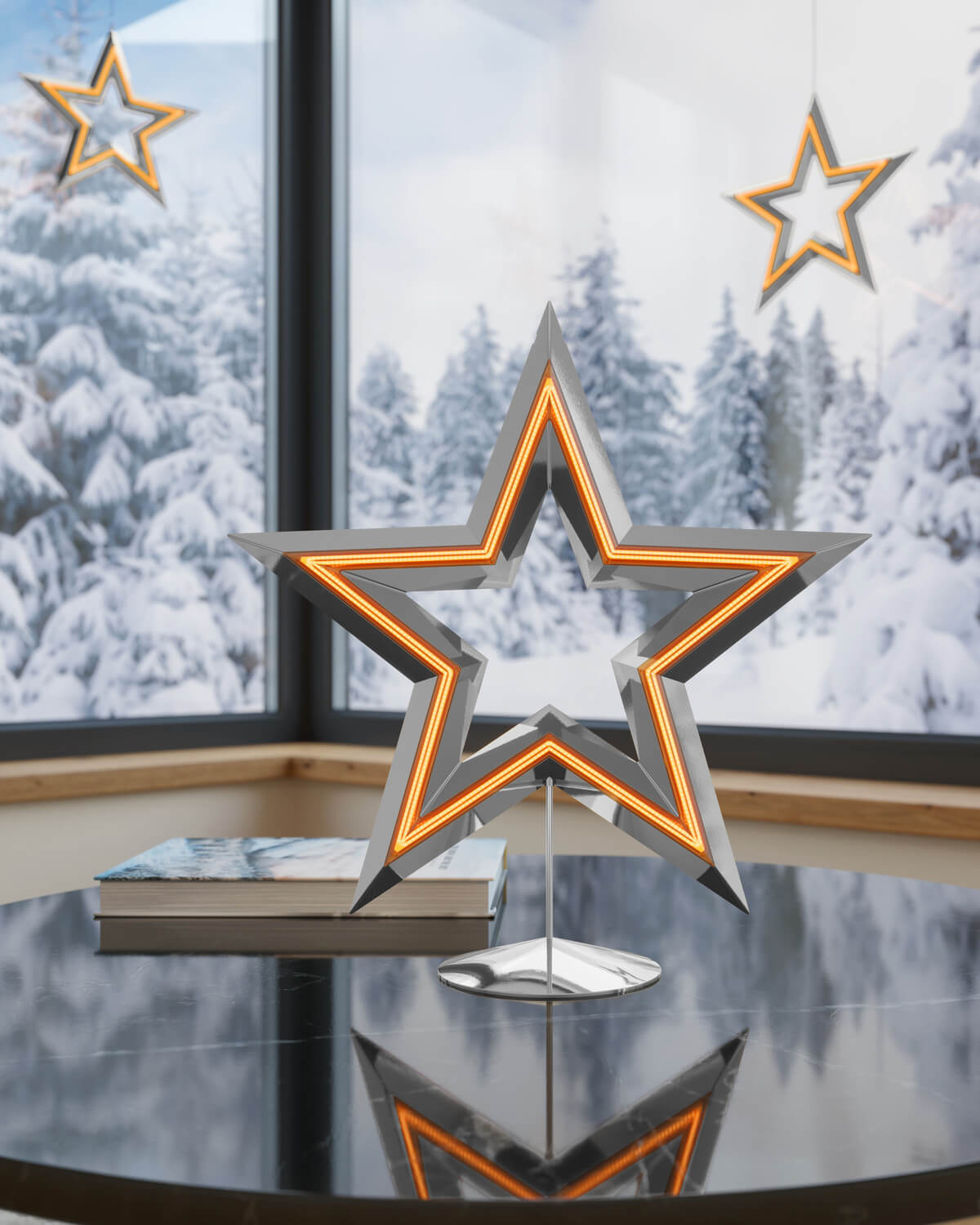 Mise en ambiance hivernale, lampe étoile posée sur table noire reflétant la lumière chaude