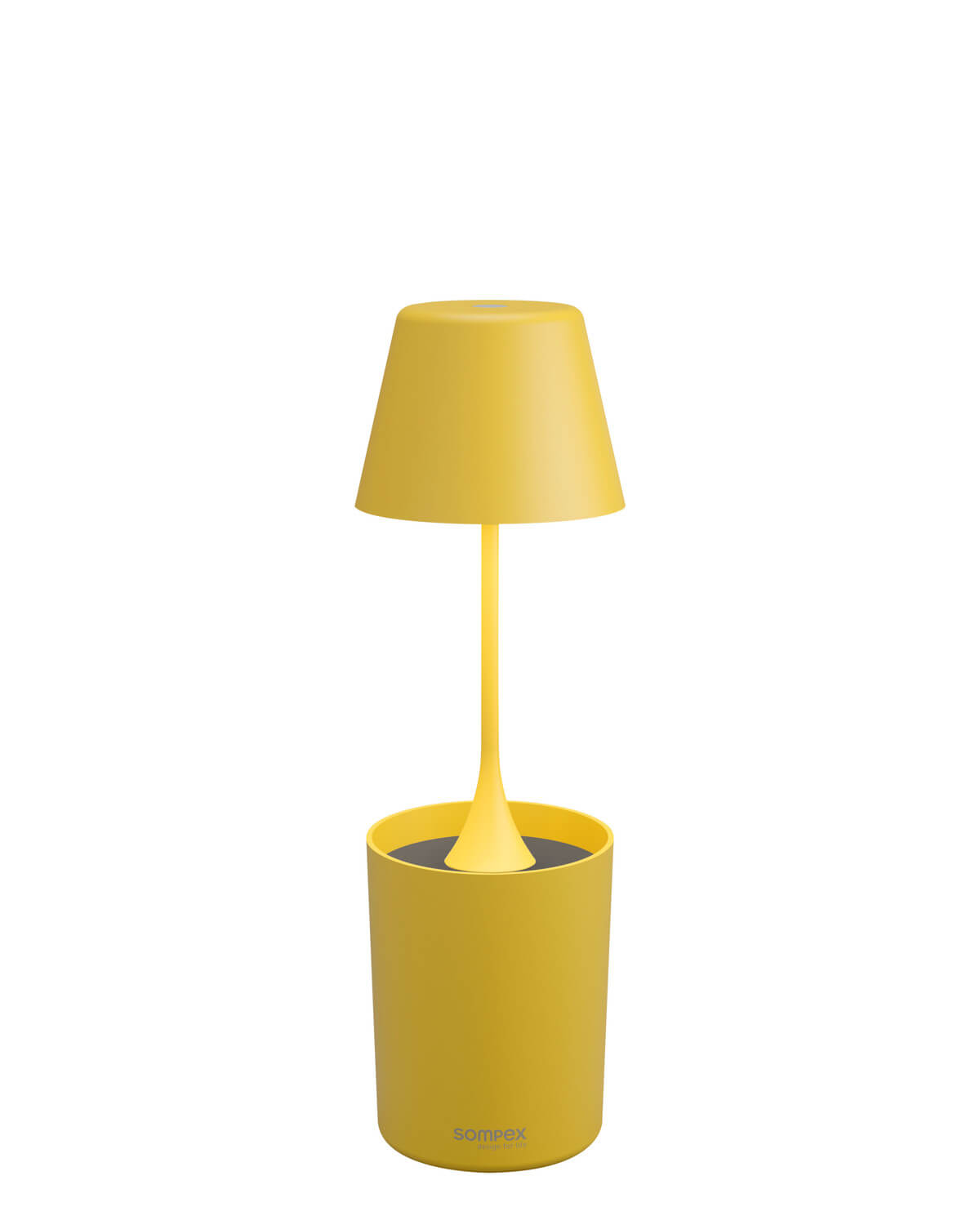Lampe jaune assemblée, vue de face, abat-jour conique et socle cylindrique.
