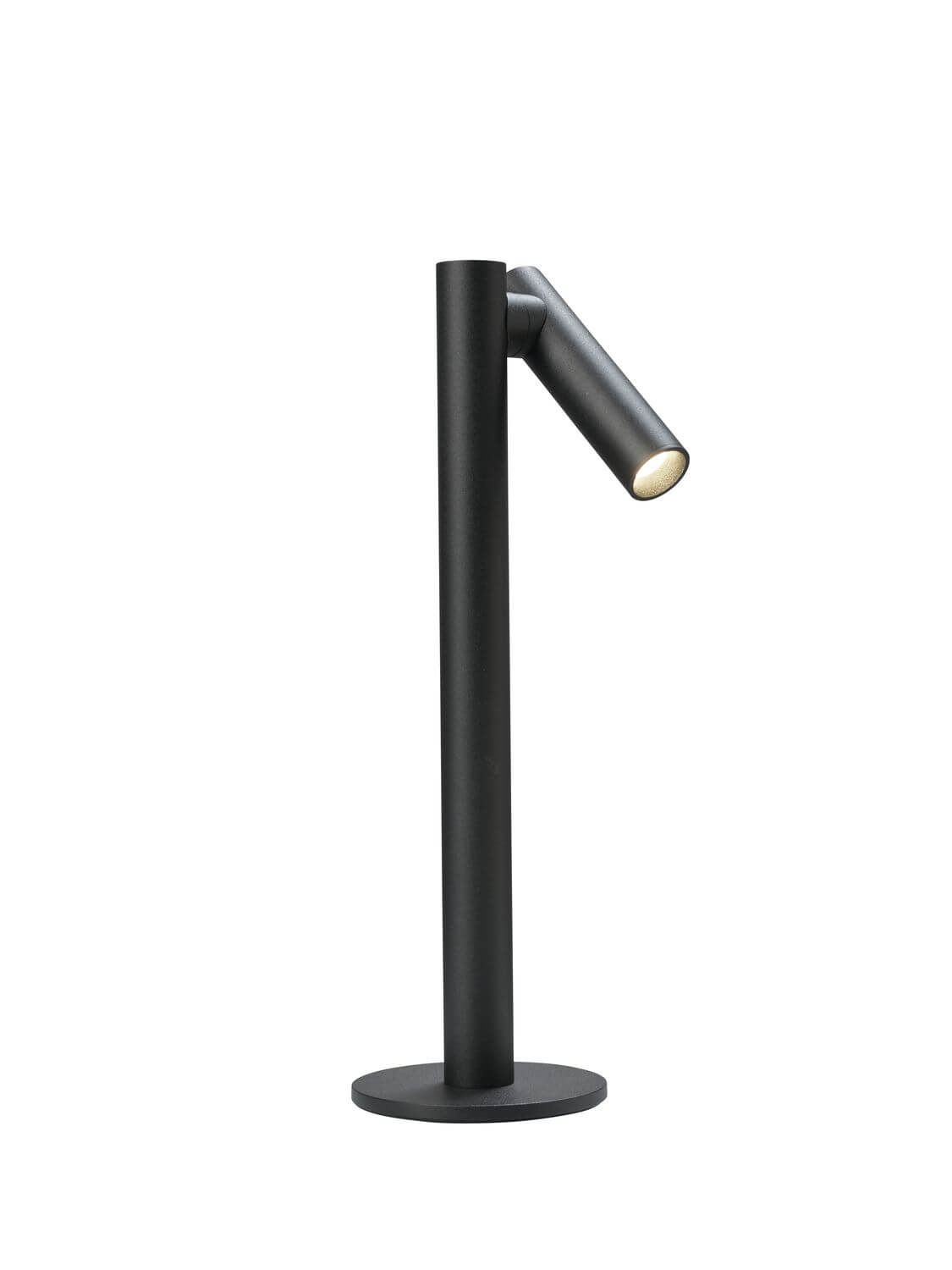 Lampe à poser noire de face, tige cylindrique et tête inclinée orientable