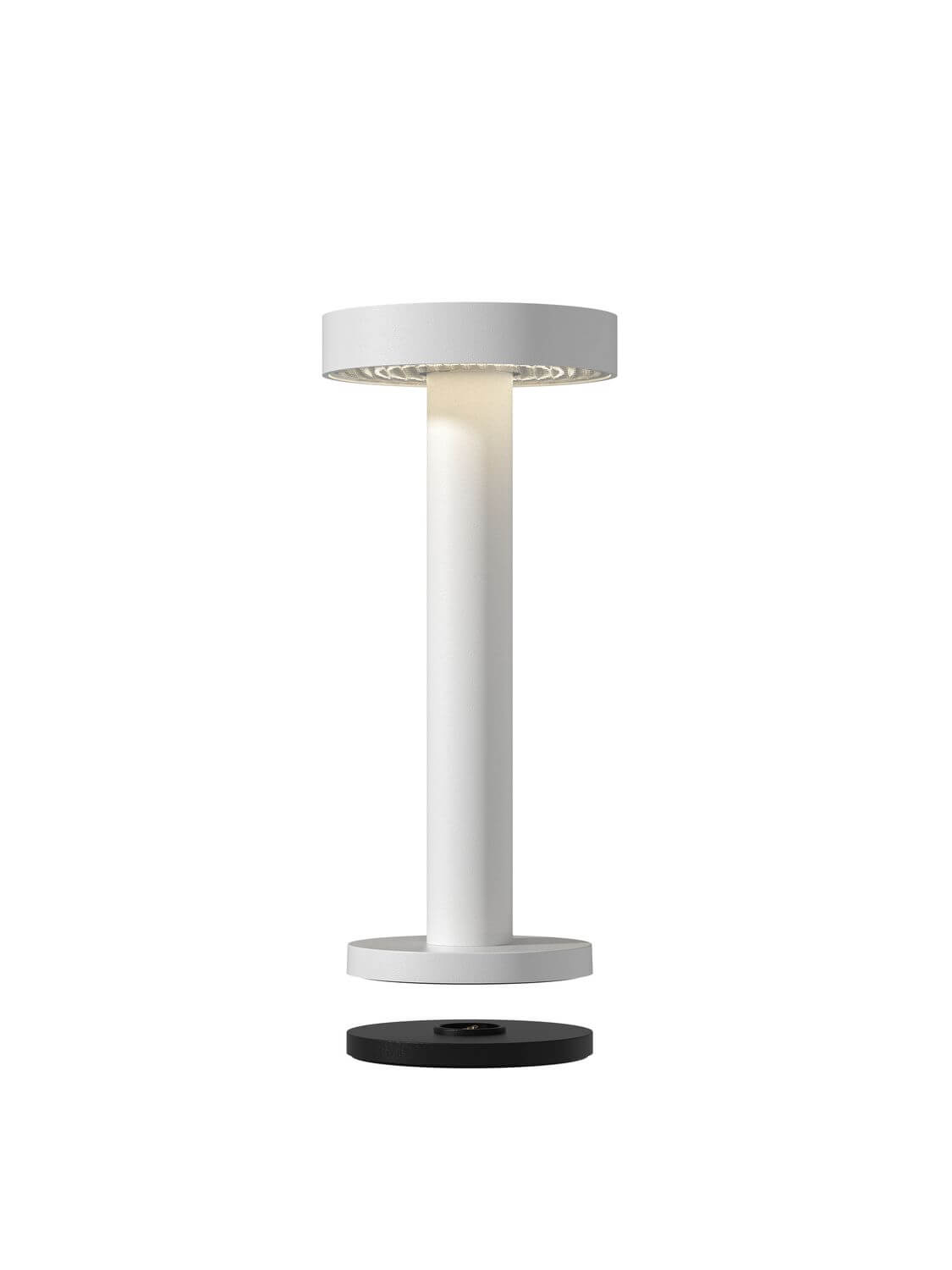 Détail du socle et de la base de recharge noire, lampe blanche en lévitation.