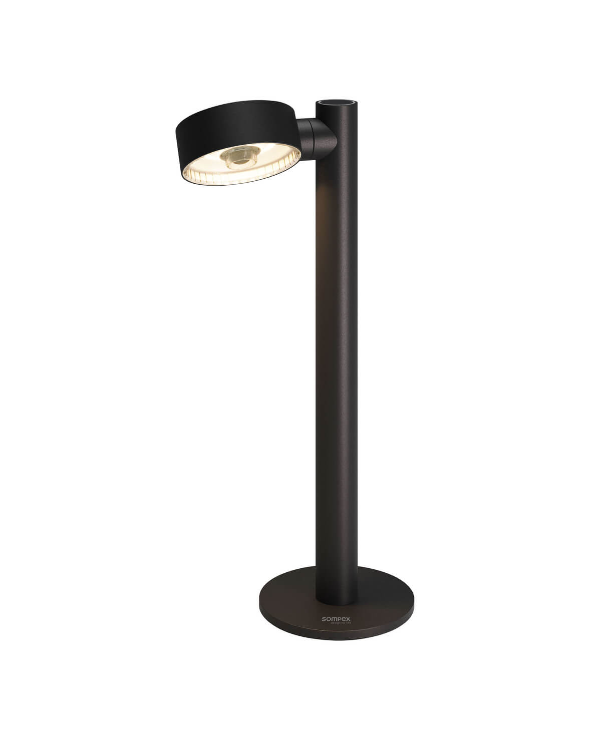Lampadaire extérieur noir à tête ronde orientable sur socle circulaire, vue de face