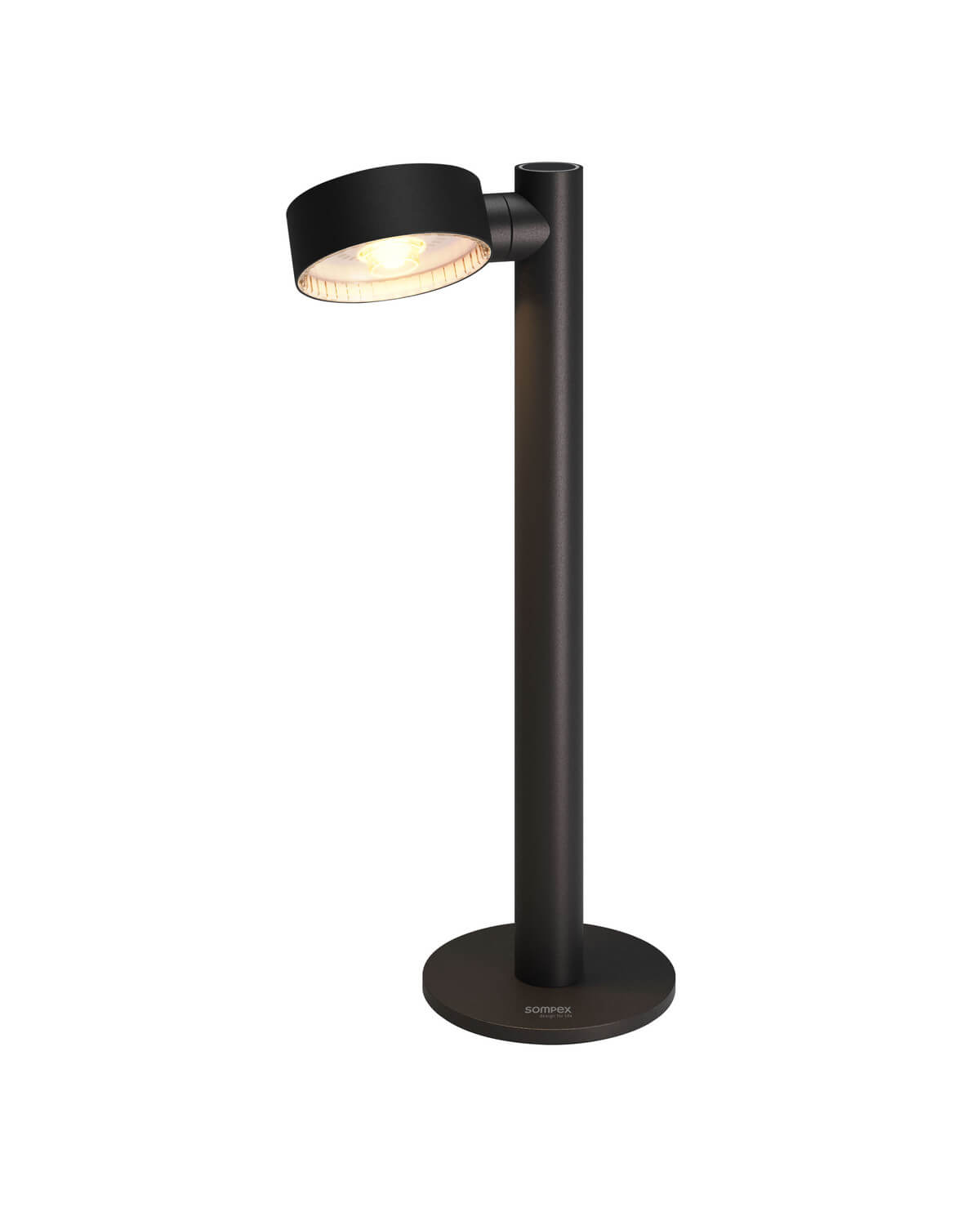 Détail de la tête ronde allumée avec diffuseur en verre strié et source LED