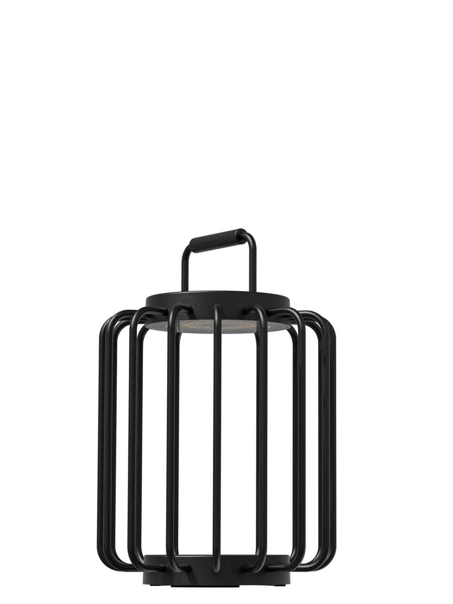 Lampe à poser noire en cage métallique avec anse, vue de face sur fond blanc