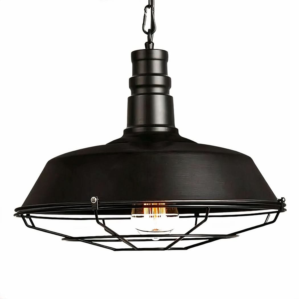 Luminaire suspendu noir de face avec ampoule LED allumée et cage métallique.