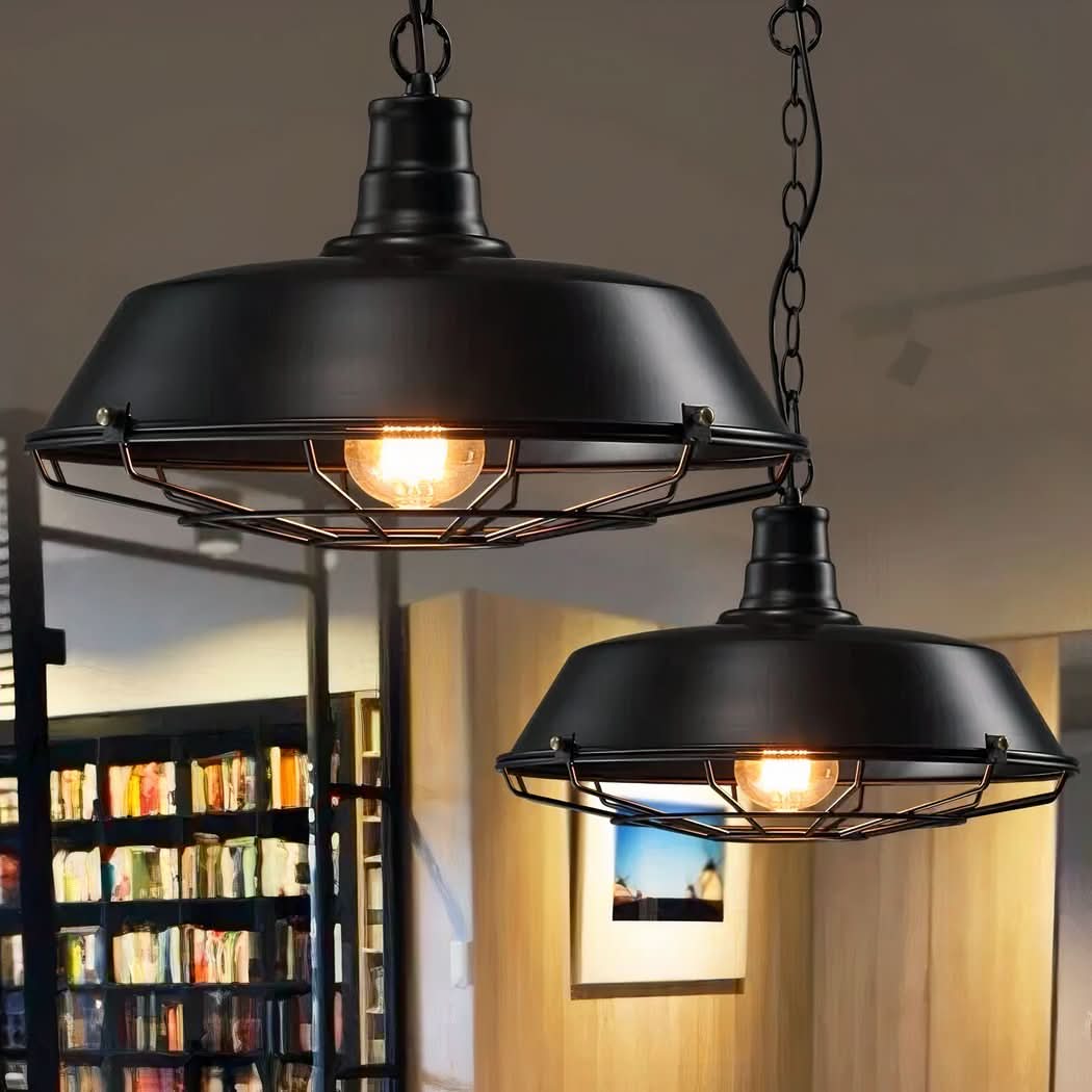 Deux suspensions industrielles noires allumées dans un intérieur avec bibliothèque en arrière-plan.