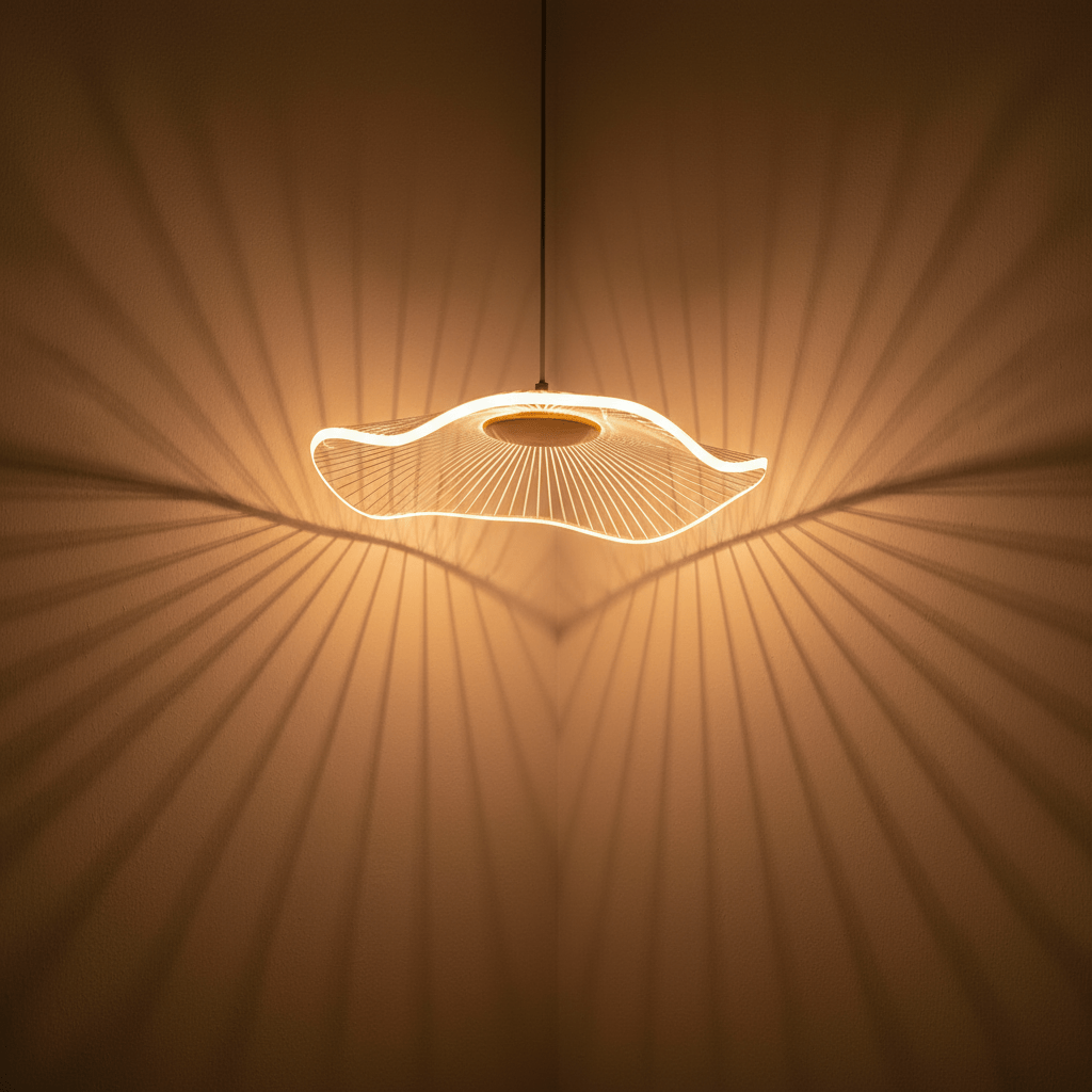 Ombres rayonnantes projetées sur le mur par le luminaire allumé, détail de l'éclairage.