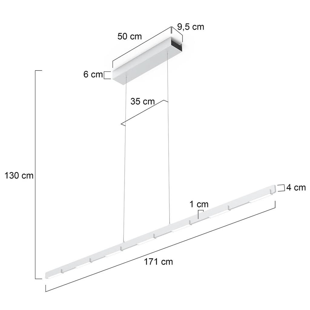 Schéma coté du luminaire indiquant 171 cm de long et 130 cm de hauteur.