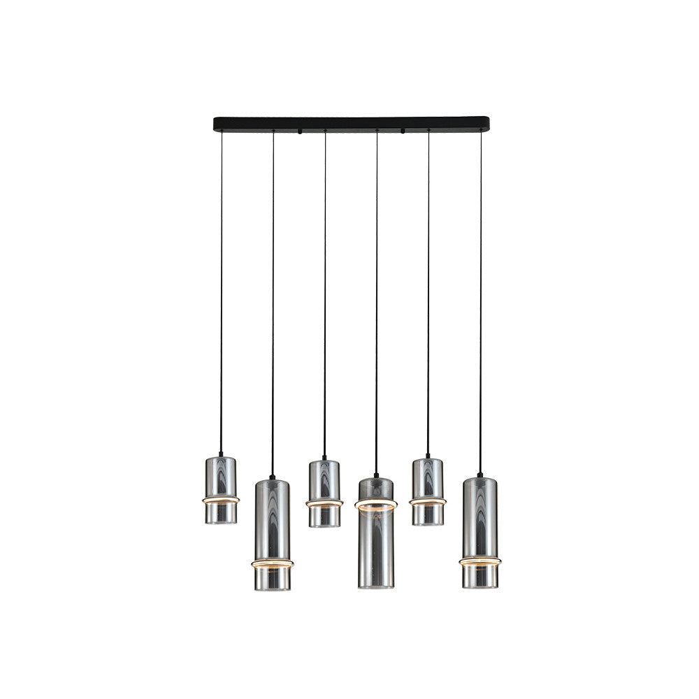 Suspension six cylindres en verre fumé et noir mat, vue de face sur fond blanc