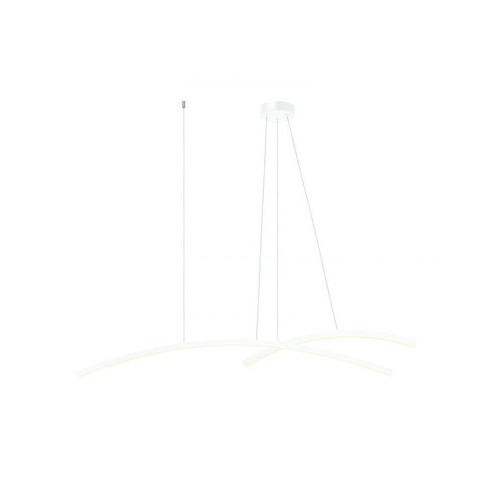 Vue de face sur fond blanc du luminaire suspendu aux deux arcs fins blancs mats.