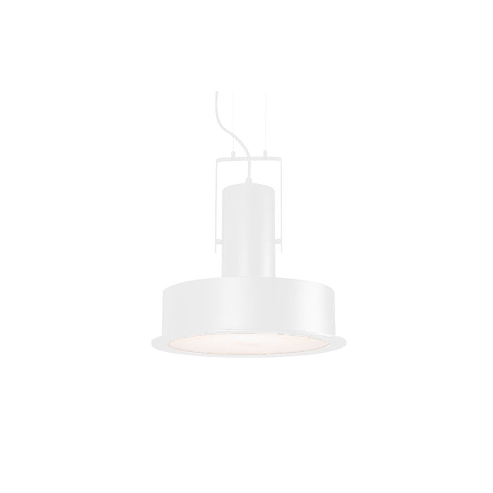 Suspension blanche mate de face, abat-jour cylindrique et corps vertical suspendu.
