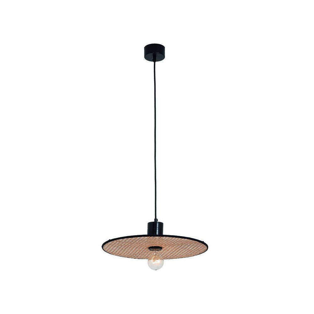 Suspension noire vue de face, abat-jour rond en cannage et ampoule apparente