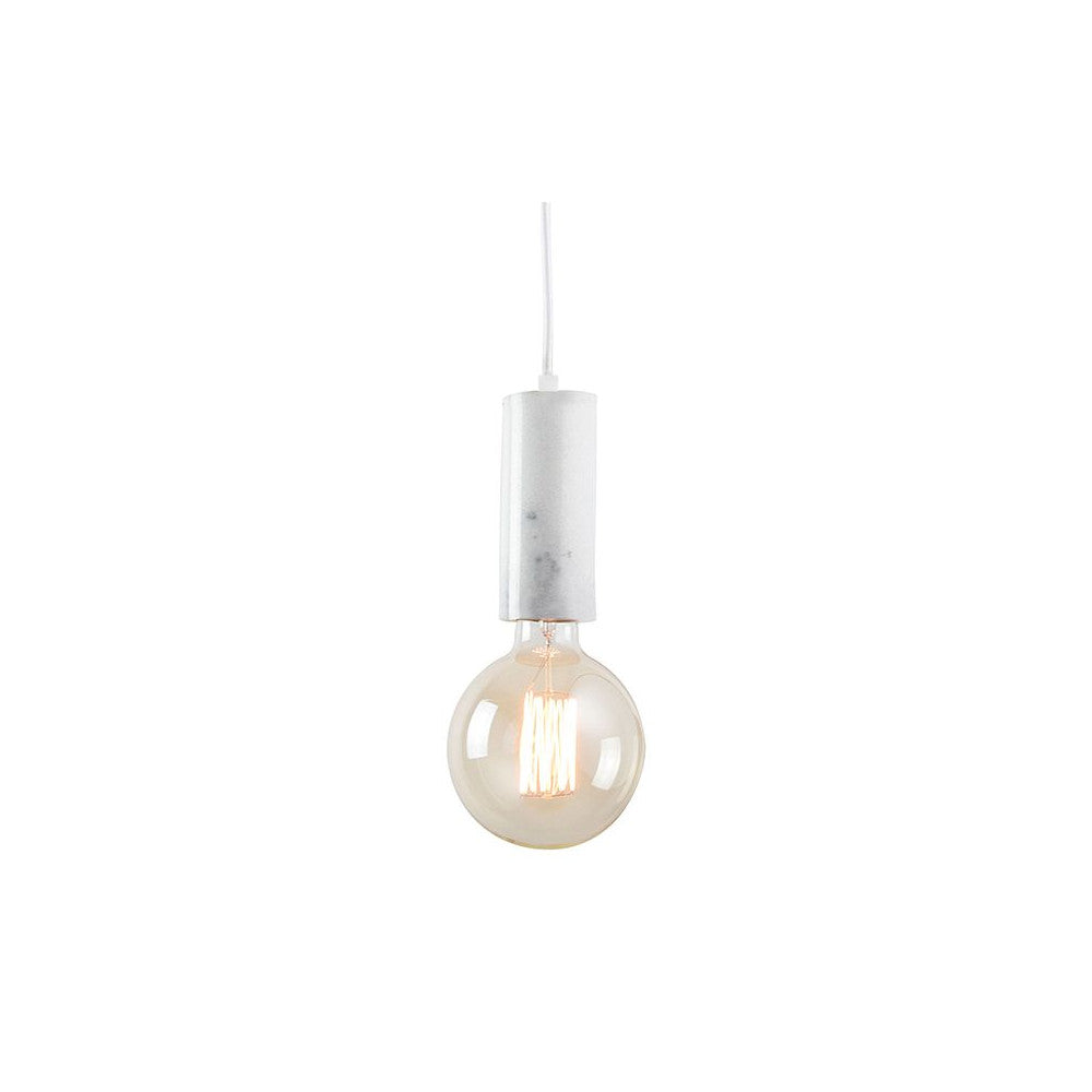 Produit de face : suspension à douille cylindrique blanche en marbre, ampoule apparente.