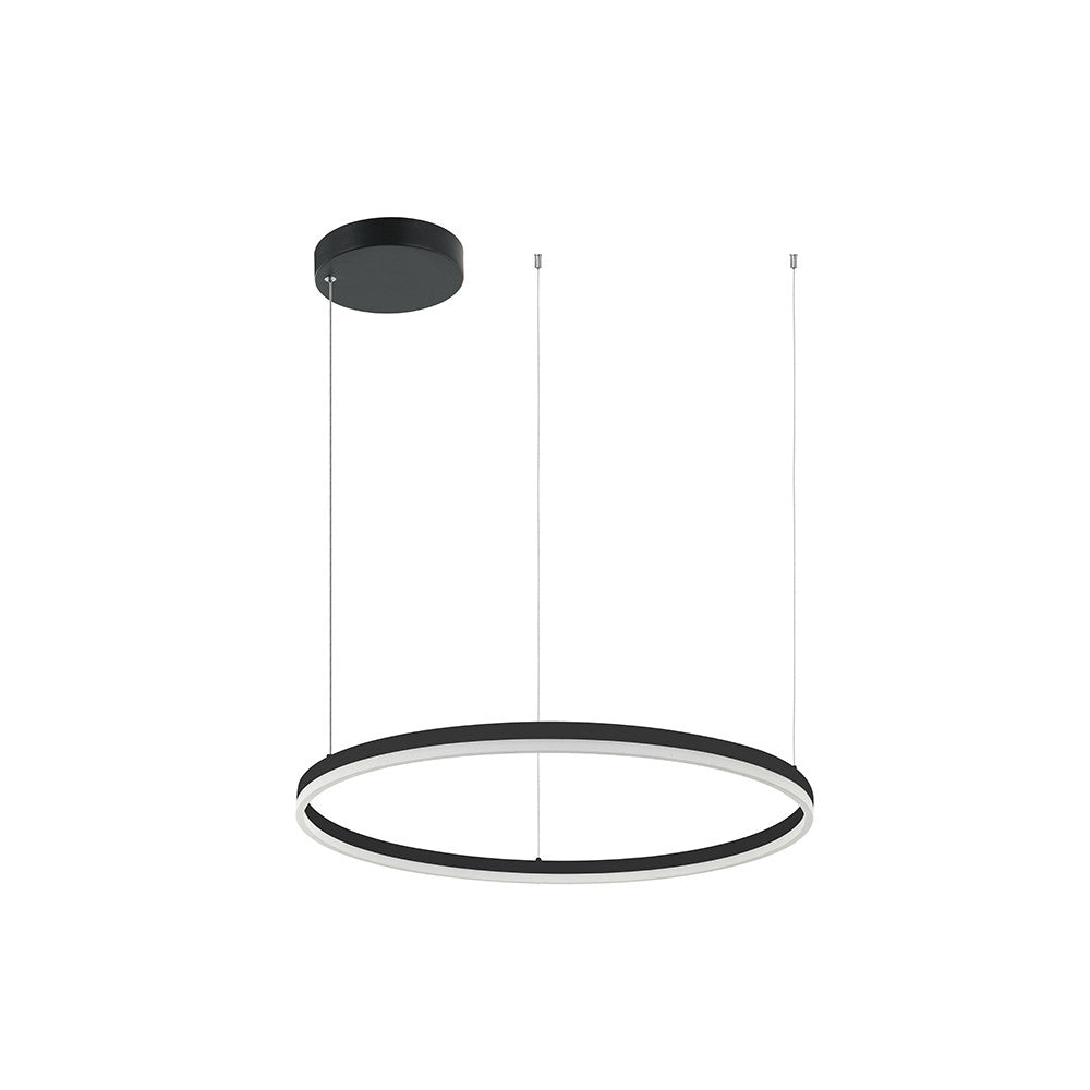 Suspension anneau noir mat vue d'ensemble, câbles fins et rosace de plafond