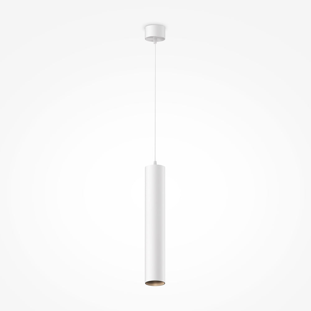 Suspension blanche vue de face, long tube cylindrique suspendu par un câble fin.