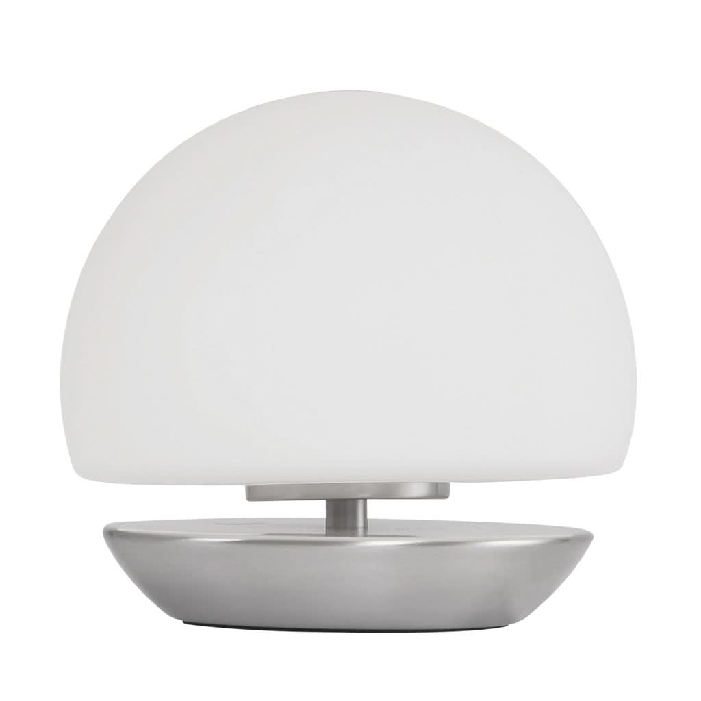 Vue de face de la lampe tactile éteinte, abat-jour blanc et base en acier brossé.