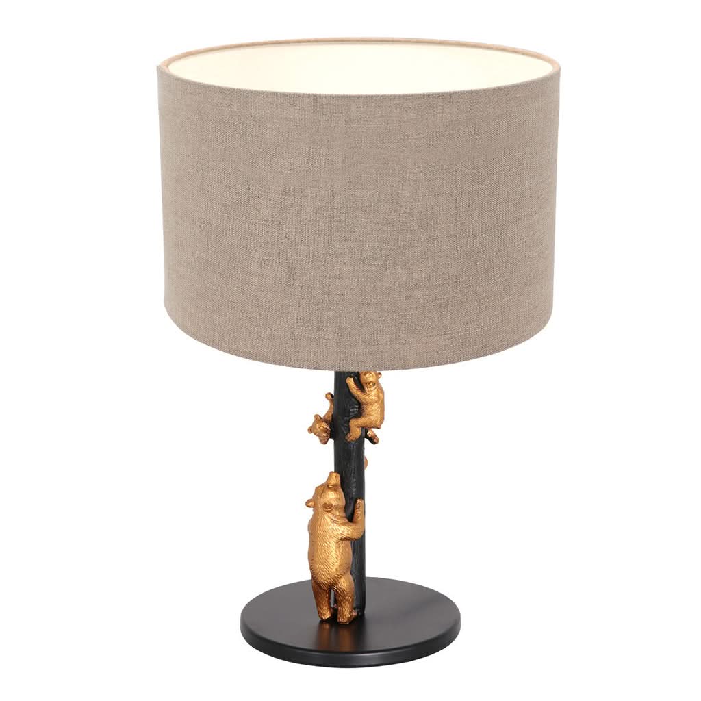 Vue de face de la lampe de table avec son abat-jour cylindrique en lin gris