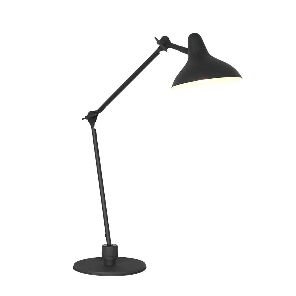 Lampe de table noire vue de face, bras articulé replié, abat-jour orienté vers le bas.