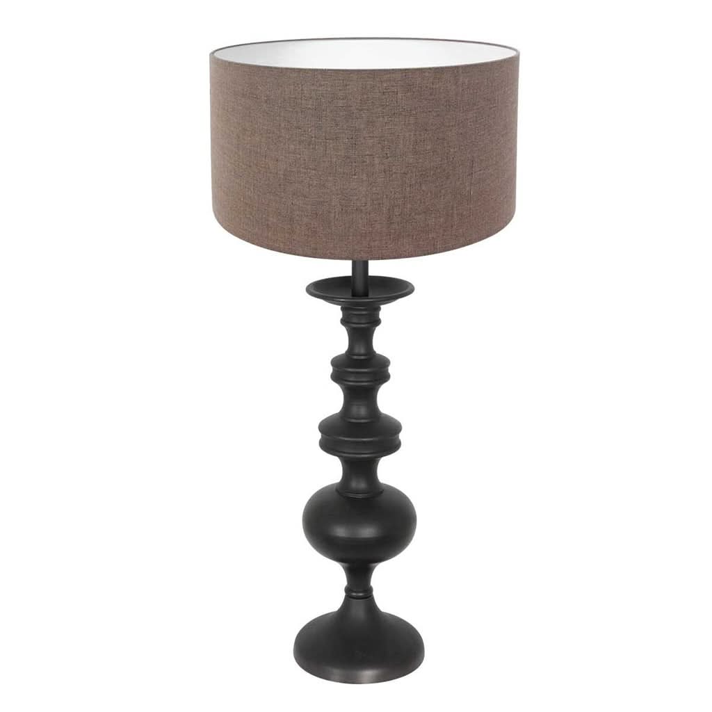 Lampe de table de face, pied noir sculpté et abat-jour taupe