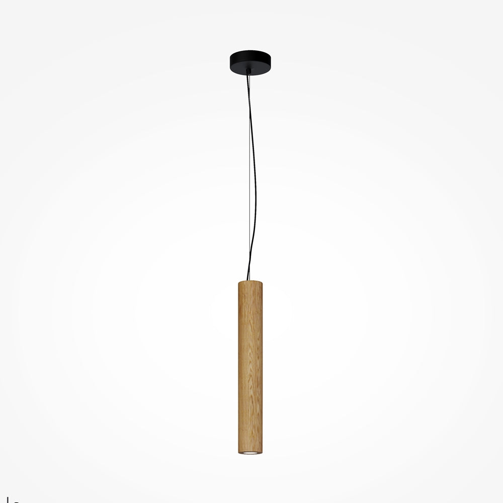 Suspension complète en bois clair avec base ronde noire et câble.