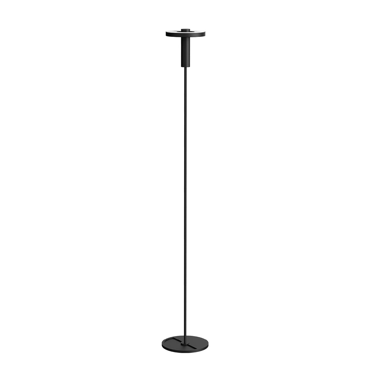 Lampadaire noir vu de face, tête circulaire inclinée vers le haut sur fond blanc
