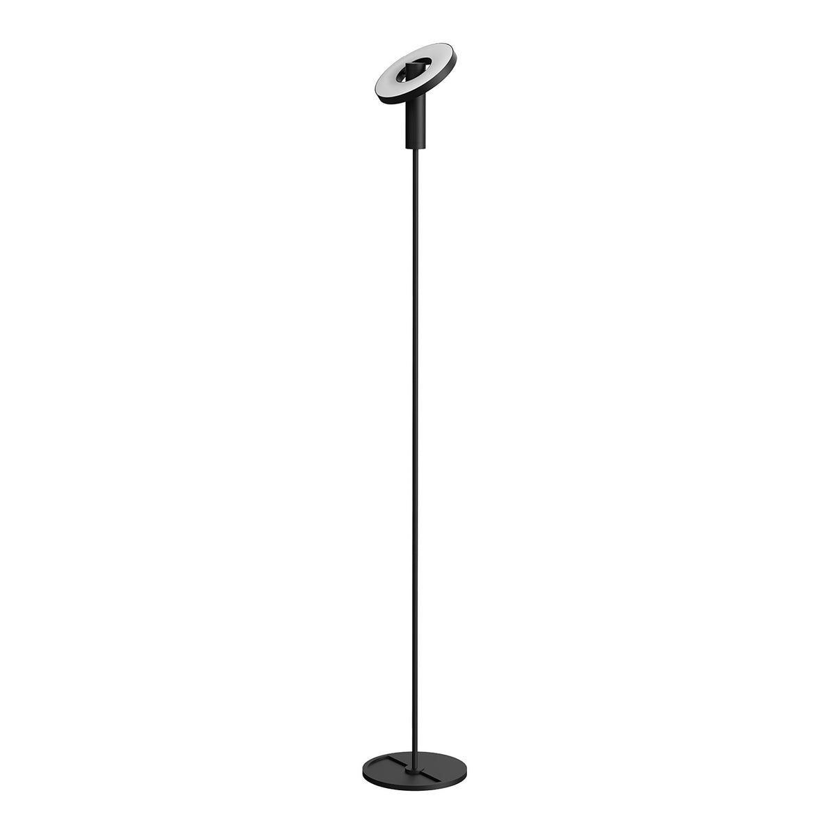 Vue en trois quarts du lampadaire, tête orientée et embase ronde au sol