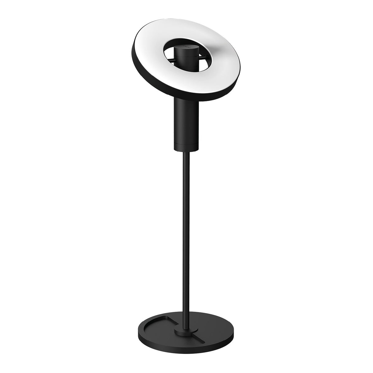 Lampe à poser noire à tête annulaire inclinée, vue de face sur fond blanc