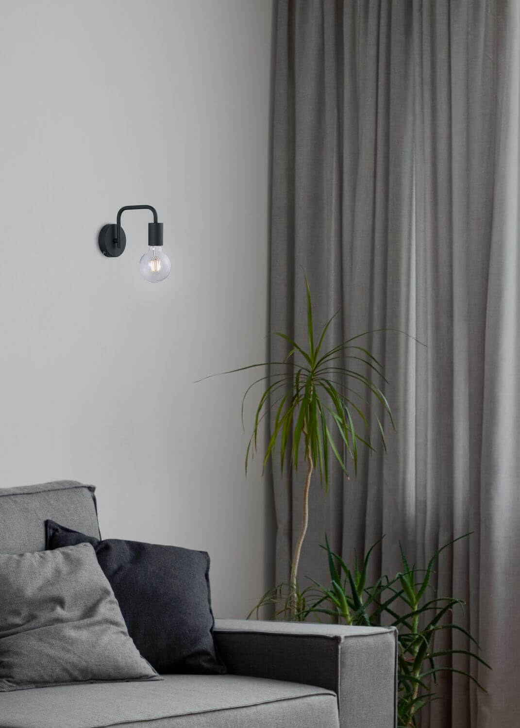 Vue rapprochée de l'applique noire avec ampoule globe transparente et rideaux gris