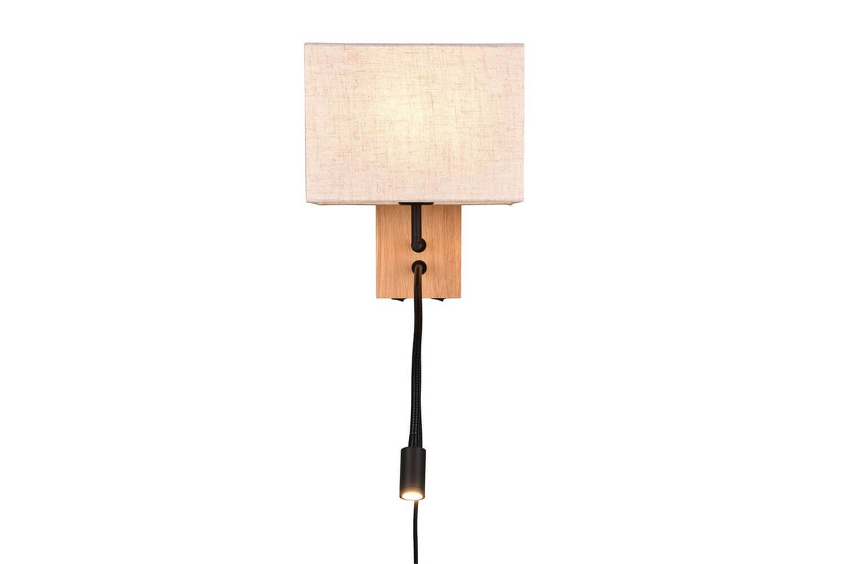 Vue de face de l'applique murale, abat-jour en tissu beige et support en bois clair.