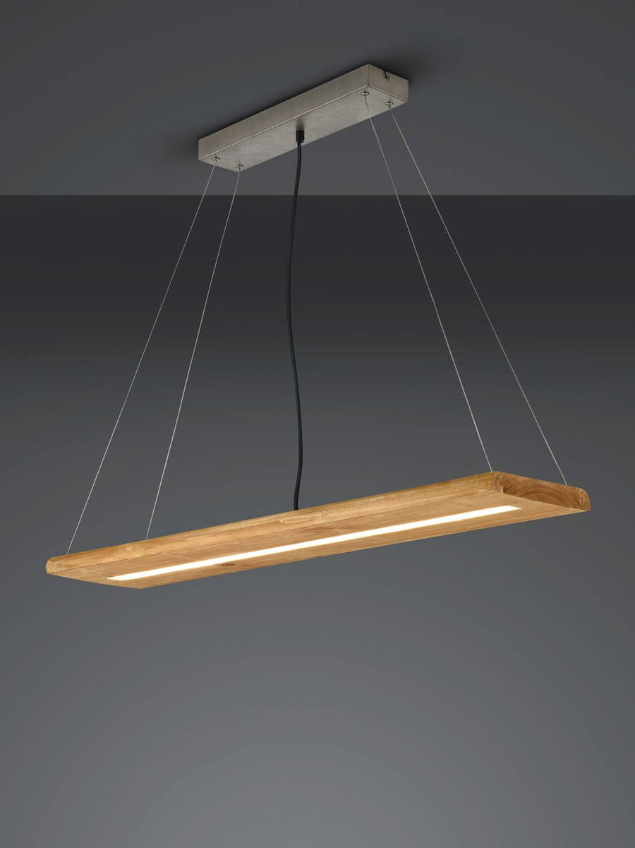 Luminaire seul sur fond gris, vue de dessous montrant la structure et les câbles.