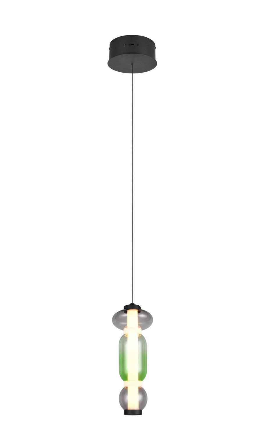 Vue rapprochée du luminaire suspendu montrant les trois éléments en verre coloré et translucide.